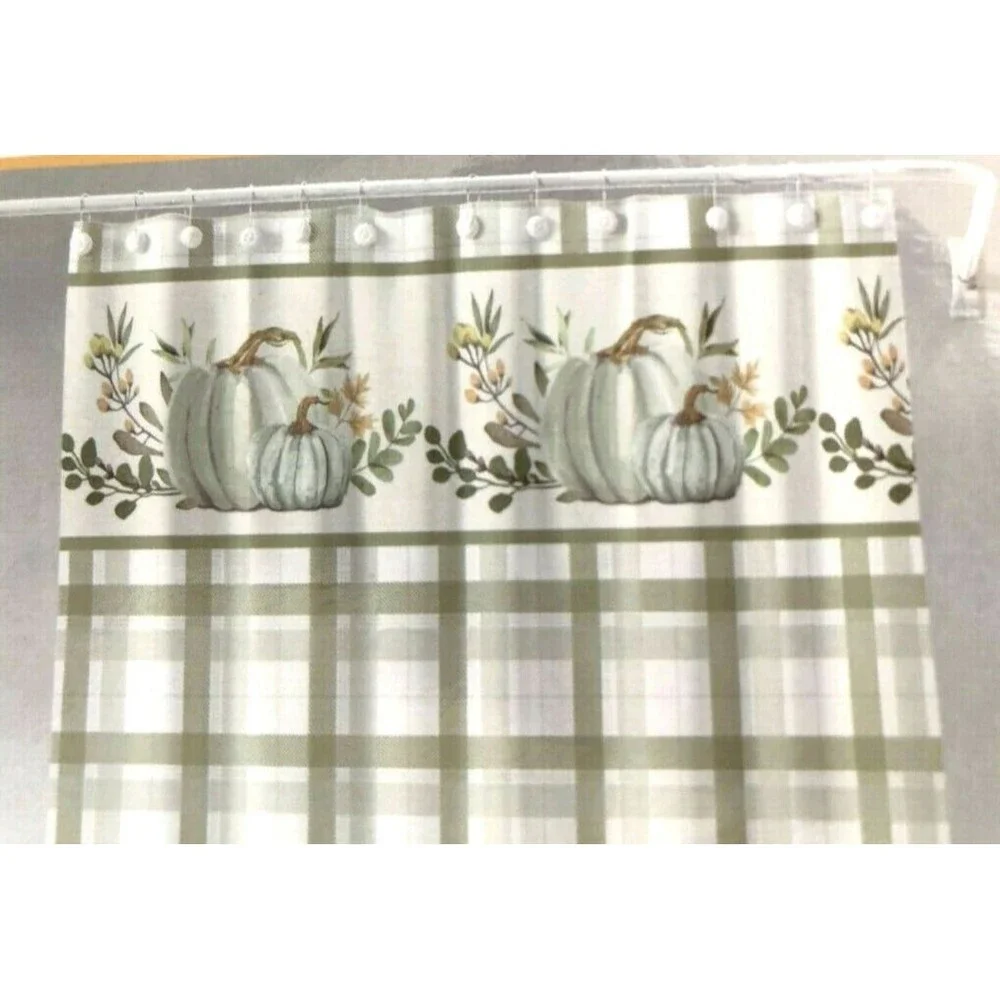 Thanksgiving Pumpkins Plaid Shower Curtain Cloth Fabric Green White 72x72